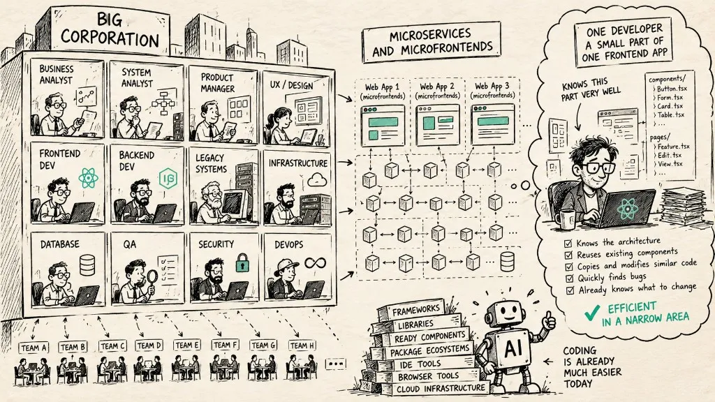 A large corporation split into specialized roles, microservices, and microfrontends, beside one developer who already works efficiently inside a narrow part of a single frontend