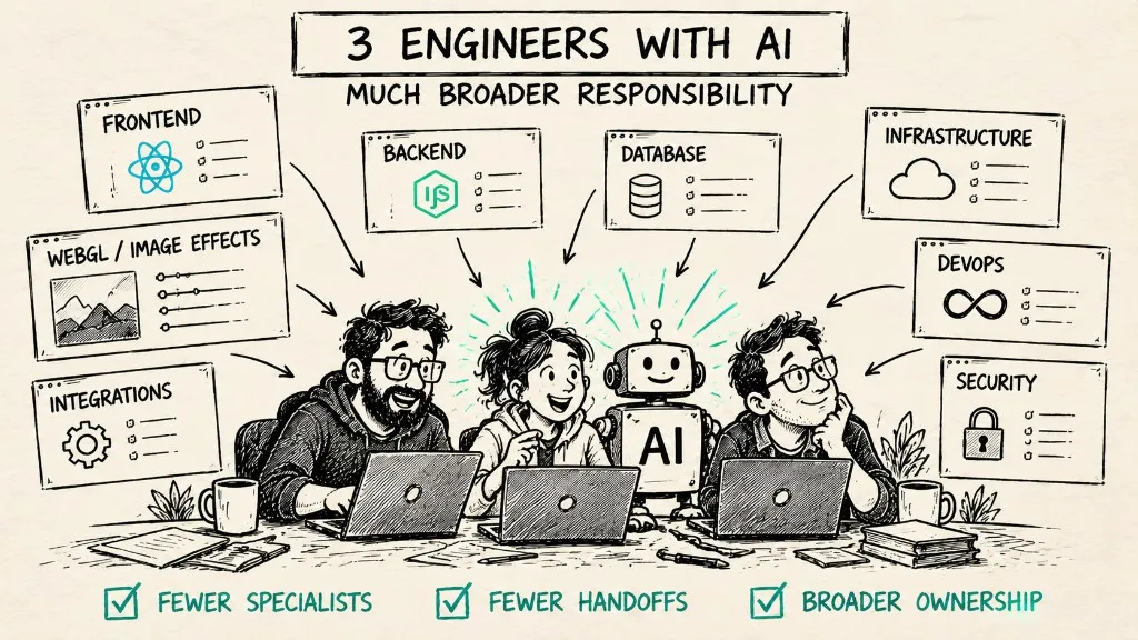 Three engineers and an AI cover frontend, backend, database, infrastructure, DevOps, and security—fewer specialists, fewer handoffs, broader ownership